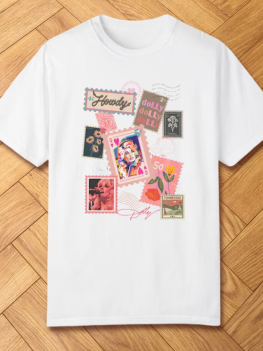 Dolly Parton Retro Stamp Collage Graphic Tee Coquette